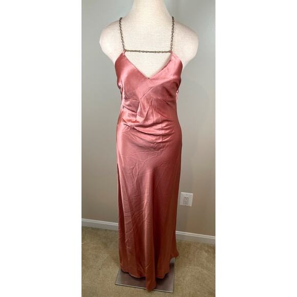 CULT GAIA Kirya Jaipur Gold Chain Halter Neck Pink Satin Maxi Gown Size Small - Picture 3 of 10